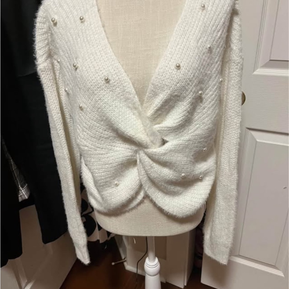 Cute White Sweater with Pearl Accents